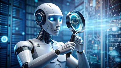 A robot holding a magnifying glass, analyzing data.
