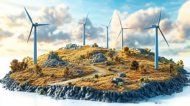 majestic wind farm at golden hour rows of towering turbines rolling hills dramatic sky with wispy clouds warm sunlight glinting off blades sense of clean energy