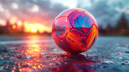Naklejka premium Abstract 3D Render of a Soccer Ball with Red, Orange, and Blue Swirls