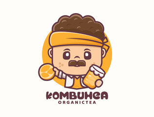 cute man cartoon mascot design with kombucha tea, food logo template