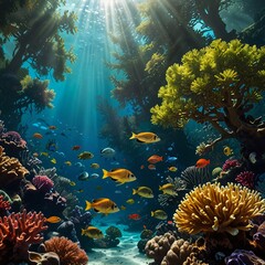 A serene coastal forest with towering evergreen trees basking in dappled sunlight, above a vibrant underwater world teeming with colorful coral reefs and swimming fish, as sunlight beams gently 