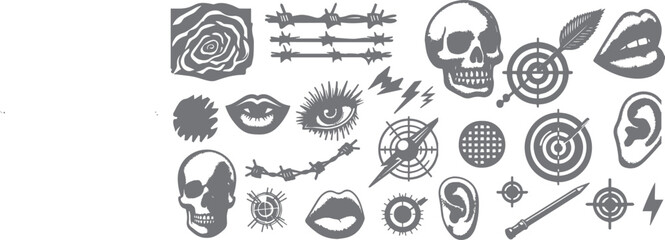 Trending elements with a photocopy and grain effect. Retro psychedelic style in an anti design concept. Skull, eye, ear, ear, lips, target, barbed wire vector illustration