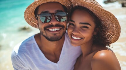 Obraz premium Close up portrait of latin man and woman model couple on the beach feeling lovely