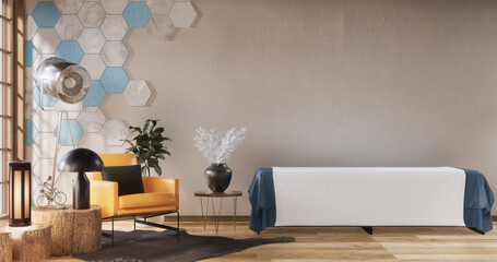 mockup Blue concept living room modern style with hexagon tiles wall background.3D rendering