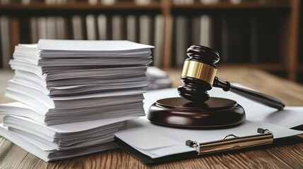 A gavel sitting on top of several stacks and clipboards filled with white paper, representing the documents that have been adopts by law