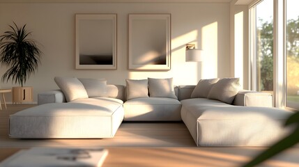 Cozy and Inviting Modern Living Room with Comfortable Sectional Sofa and Elegant Minimalist Decor Warm Natural Lighting Mid Century Modern Aesthetic and Organic Materials