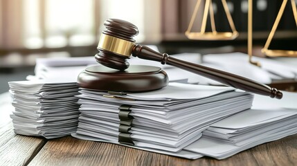 A gavel sitting on top of several stacks and clipboards filled with white paper, representing the documents that have been adopts by law