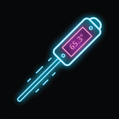 Digital contactless thermometer showing temperature, glowing in blue and pink on a black background