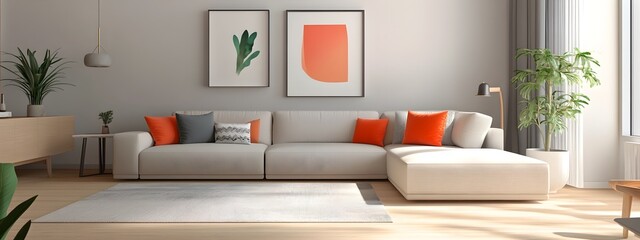 Fototapeta premium Cozy and Sophisticated Living Room with Neutral Palette and Minimalist Decor A beautifully designed and furnished living space with clean lines natural light