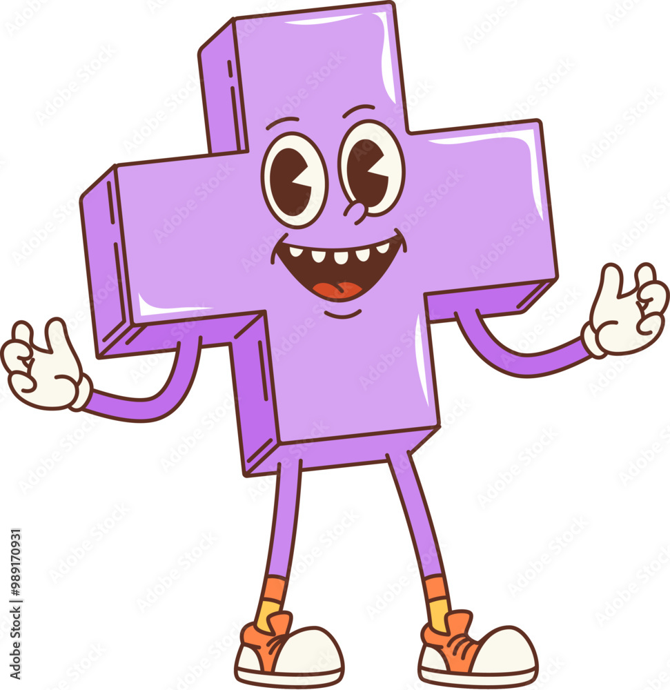 Poster cartoon groovy math figure of plus sign character with funky face, vector retro comic. 70s hippie or