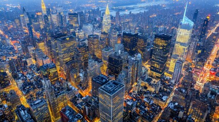 A bird's-eye view of a bustling city at night, streets filled with lights and tall buildings casting shadows