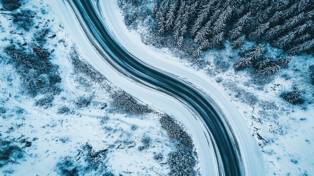 A bird's-eye view of winding roads through snowy mountains, the landscape covered in a blanket of white snow