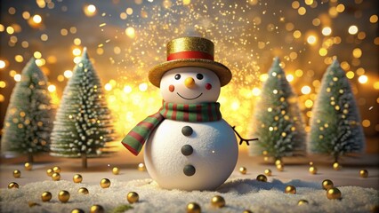 Obraz premium Smiling snowman wearing a top hat and a red scarf standing between two christmas trees with falling snow and glowing lights