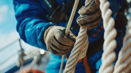 Detail of hands cleating off superyacht mooring lines on the foredeck with teak deck and stainless steel fittings