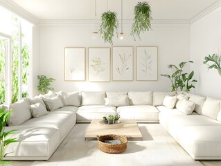 Serene and Minimalist Living Room Design with Lush Greenery and Cozy Furnishings A Bright Airy and Harmonious Interior Space Showcasing a Stylish and Inviting Aesthetic