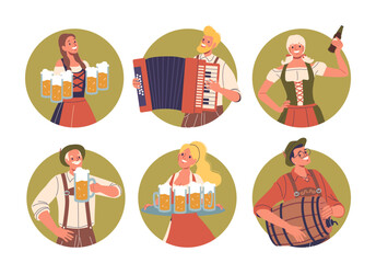 Isolated Vector Round Icons Or Avatars With Cartoon Characters in Traditional German Costumes Celebrating Oktoberfest
