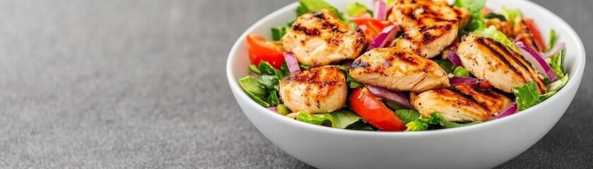 Delicious grilled chicken salad served in a white bowl, garnished with fresh vegetables. A healthy meal option for lunch or dinner.