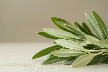 Close-up of Olive Branch with Lush Green Leaves on Natural Fabric