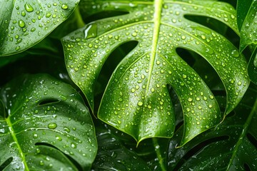 Fototapeta premium Dewdrops on Lush Green Leaves of a Tropical Plant