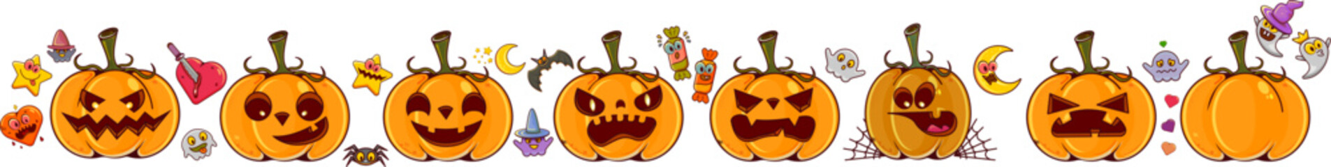 Set pumpkins on white transparent background. Orange pumpkins with smile, ghosts, spiders, witch hats for your design for the holiday Halloween. October holiday design elements. Vector illustration.