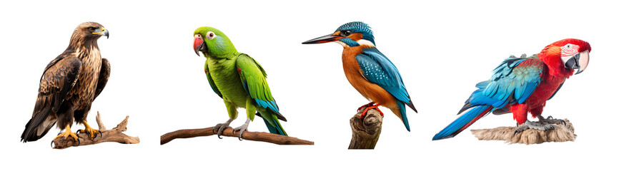 Fototapeta premium Collection of birds from different species perched on a branch, isolated on transparent background cutout, PNG file
