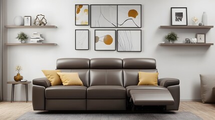 Obraz premium Elegant contemporary 3D rendered living space featuring a stylish reclining leather sofa sleek floating shelves and a minimalist abstract gallery wall