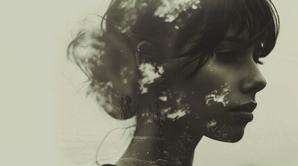 Fototapeta premium Romantic photo of a girl, silhouette of sky and nature, gloomy forest. Beige background, Book cover, sad mystical novel about love. Woman with a bun on her head. Windy weather. Person and nature unity
