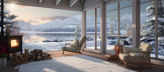 Fototapeta premium Cozy living room with panoramic window, fireplace with fire and view of winter mountains and forest at luxury hotel, winter holidays