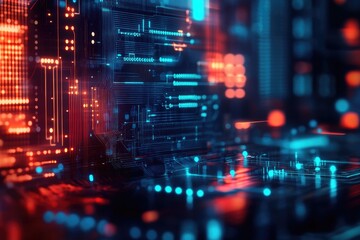 A vibrant digital landscape showcasing glowing data streams and circuitry, ideal for technology and futuristic themes.