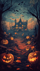 Spooky Halloween scene: Haunted house and glowing pumpkins.