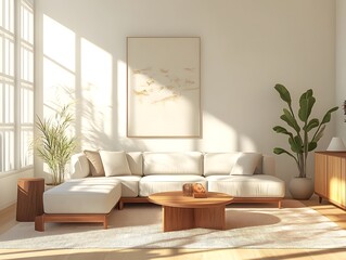 Bright and airy modern living room interior with minimalist furniture large windows natural light and stylish natural decor elements like plants and artwork
