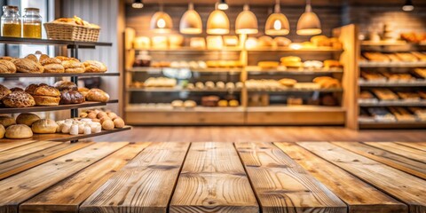 Foreground of wooden table with a blurred bakery shop displaying delicious treats in the background