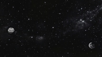 A cosmic landscape with distant planets, glowing stars, and swirling galaxies set against the infinite blackness of space