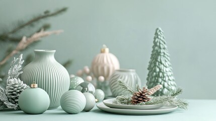 Nordic, minimalistic feeling of celebration, concept of hygge, advent. Vases and balls on table setting pine branch, small tree decoration. Pale mint background. Copy space.