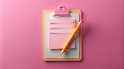 3d illustration of a clipboard holding a blank paper with a pencil resting on top over a pink background
