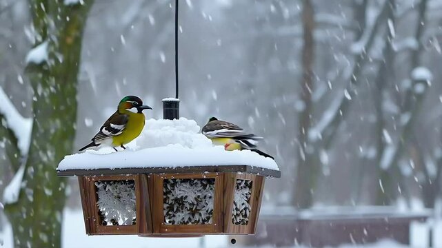 Small birds gather on a snow covered feeder in a winter forest