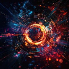Dynamic abstract vortex with vibrant colors and lights, representing technology and innovation in a digital universe.