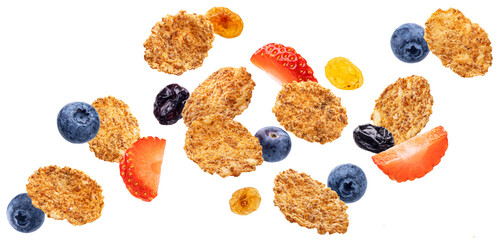 Flying wholegrain cereal flakes with blueberry and strawberry slices isolated on white background