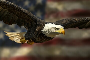 Fototapeta premium Bald eagle flying with blurred united states flag background