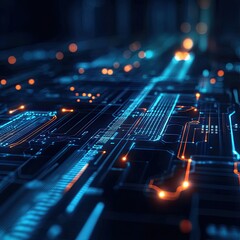 Futuristic digital circuit board with glowing lines and nodes, representing advanced technology and innovation.