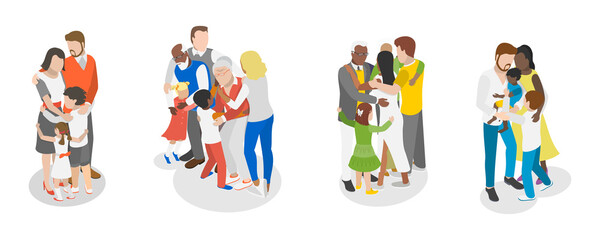 3D Isometric Flat  Illustration of Family Hug , Love and Trust between Generations