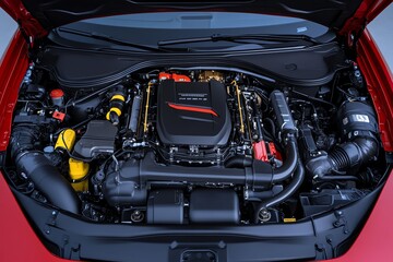 Fototapeta premium A carâ€™s engine bay, with the hood open and all the complex parts exposed, showing mechanical intricacies