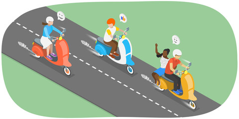 3D Isometric Flat  Illustration of Riding On Motorbikes, Riding a Scooter