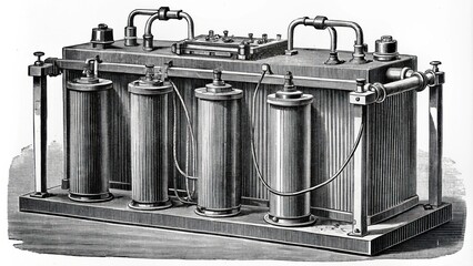Vintage of Wollaston's battery from Meyer's Lexikon 1895 early electrical device with metal plates, wires, and chemicals