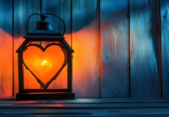 Romantic Heart-Shaped Lantern on Wooden Wall