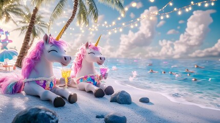Unicorns in Colorful Swimsuits Enjoying Drinks by the Ocean on a Tropical Beach