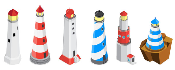 3D Isometric Flat  Set of Lighthouses, Searchlight Guide, Marine Navigation Beacons