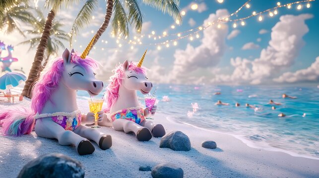 Unicorns in Colorful Swimsuits Enjoying Drinks by the Ocean on a Tropical Beach