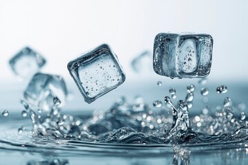 Ice Cubes Splashing into Water with Ripples and Droplets