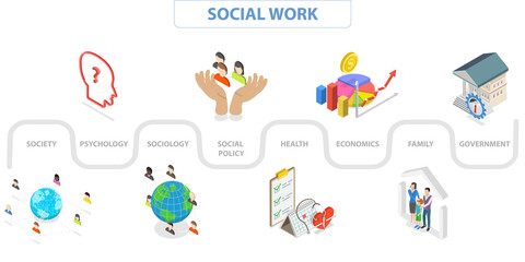 3D Isometric Flat  Illustration of Social Work, Society and Community
